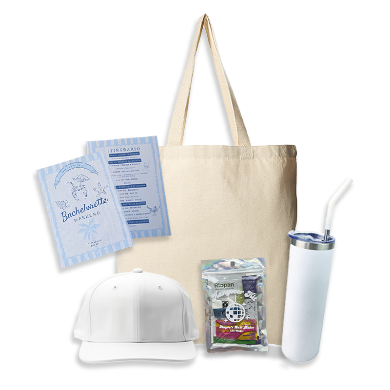 Kit Personalizado 1: Tote, Termo, Gorra, Hangover kit, Itinerario