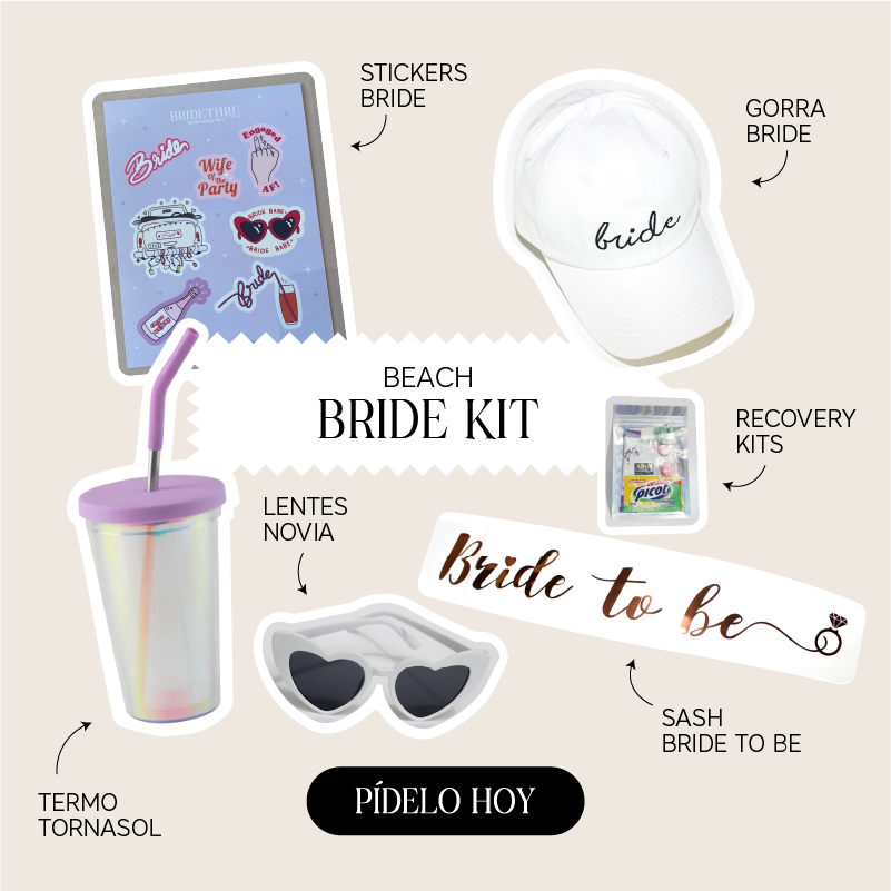 Gorra blanca "bride", stickers bride, termo tornasol, lentes en forma de corazón, sash "Bride to be" y recovery kit 