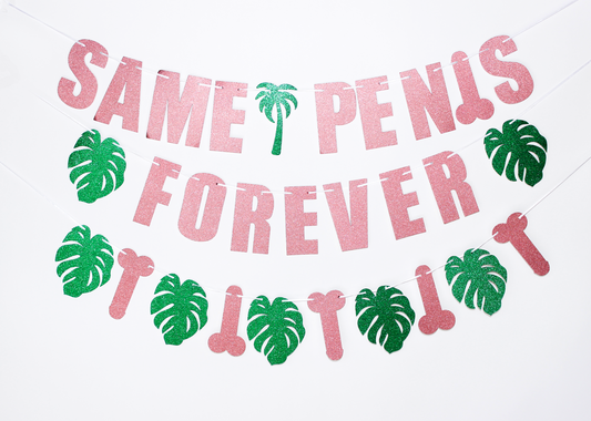 Banner "Same p*nis forever" tropical de color rosa con palmeras verde con tipo escarcha