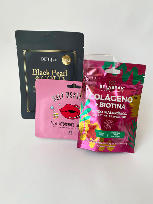 Beauty kit incluye gomitas de colageno y biotina, una lip mask, y black pearl and gold face mask.