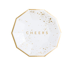 Paquete con 8 platos chicos color blanco y dorado con frase "cheers"