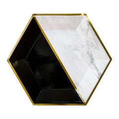 Paquete de ..... piezas de plato grande negro, marmol blanco con dorado