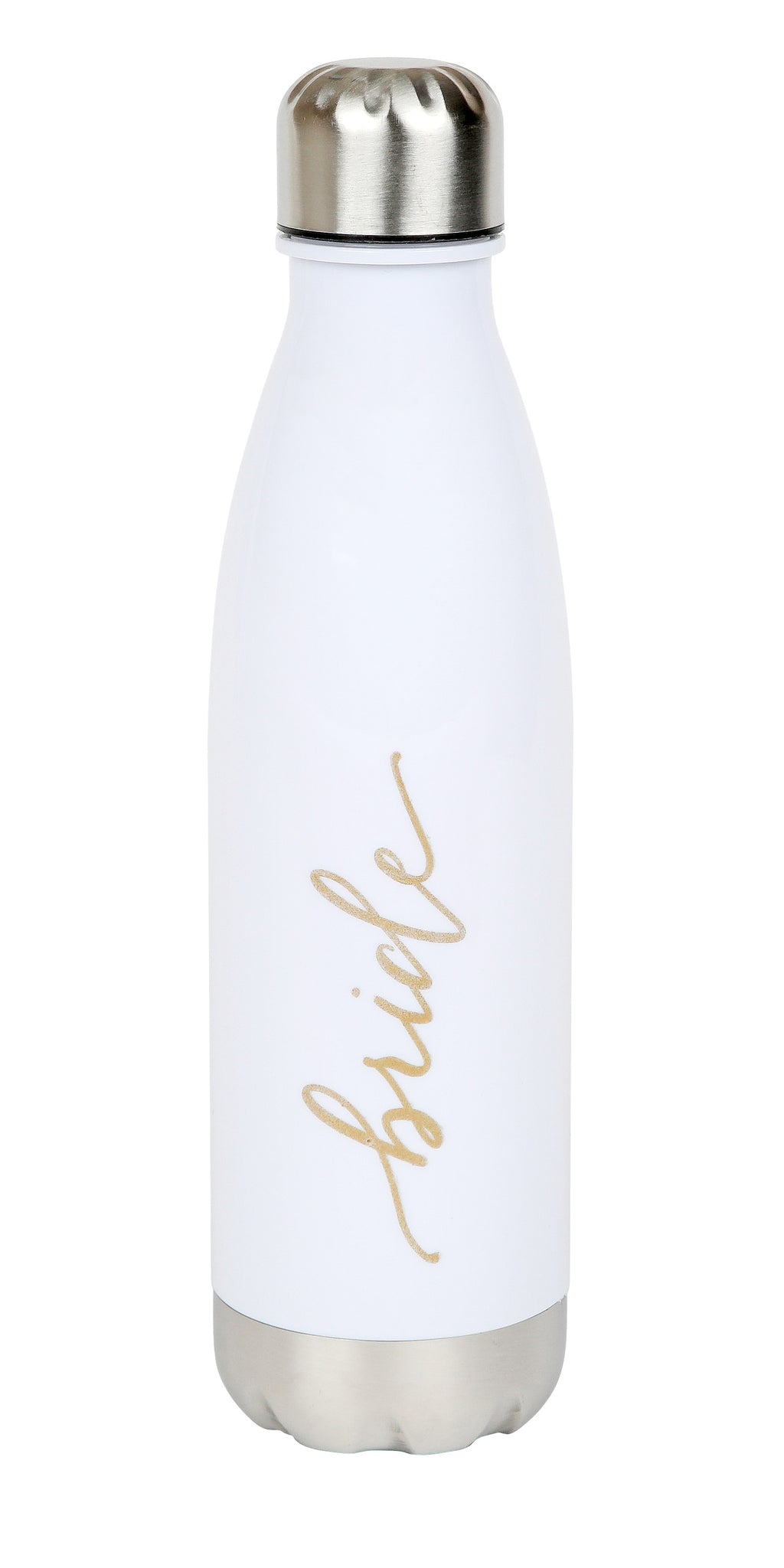 Botella blanca de plastico con texto dorado "Bride"